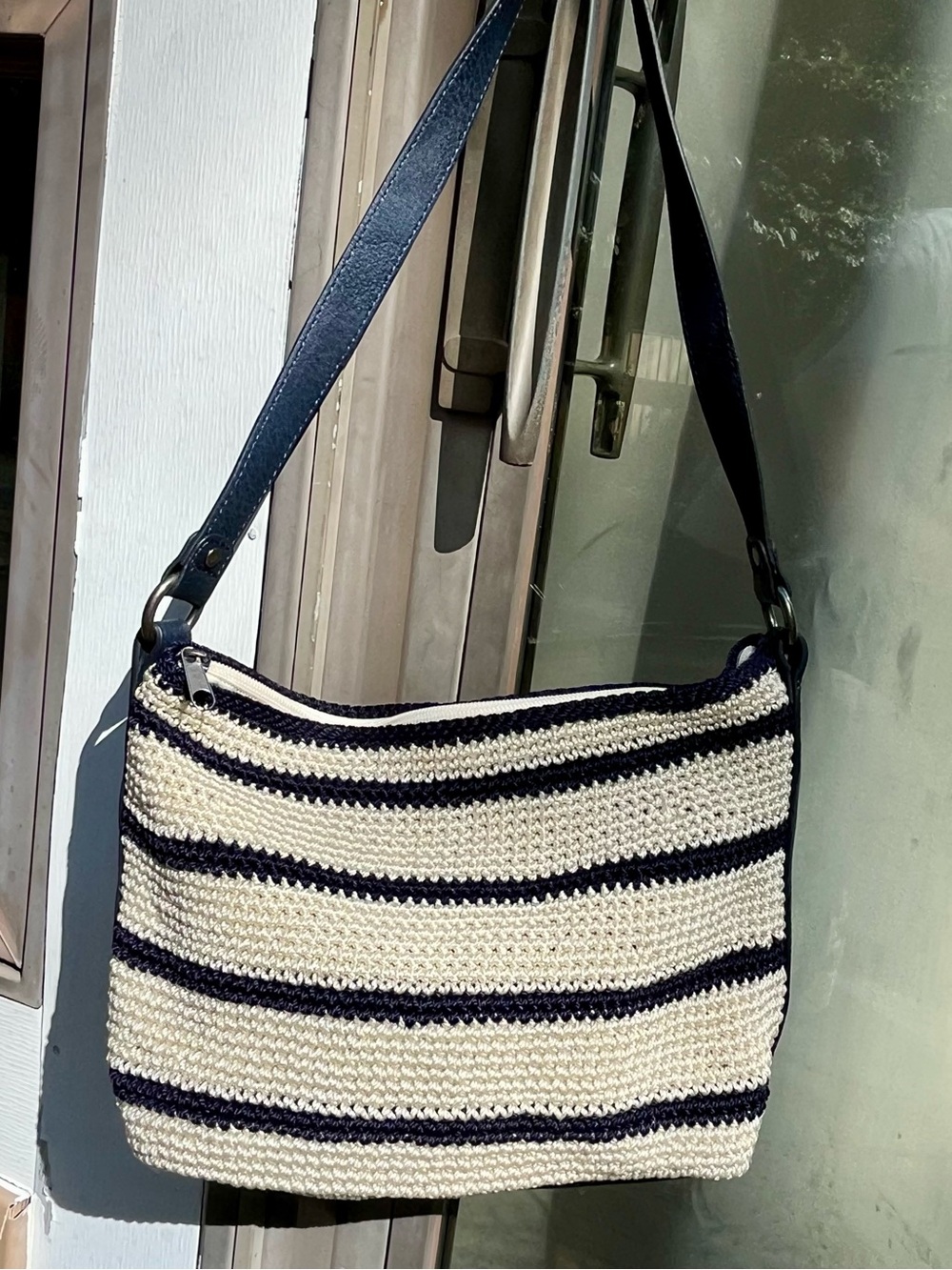 The Sak tote, striped navy and cream crocheted nylon